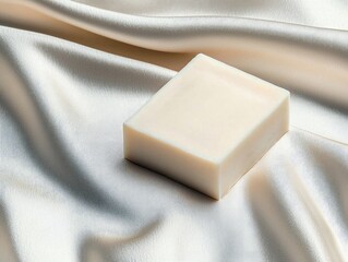 A bar of soap rests on a white silk fabric, with soft lighting.