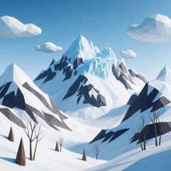 Low poly mountain landscape featuring snowy peaks and polygonal clouds in winter