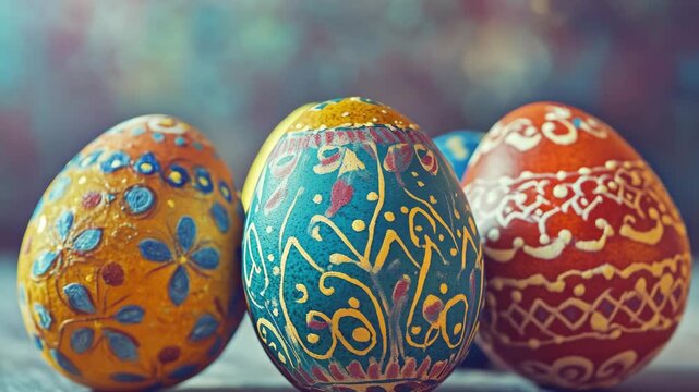 Three uniquely designed Easter eggs, each featuring intricate hand-painted patterns in bright and lively colors. Symbolizing the festive spirit of the holiday and the diversity of traditions.