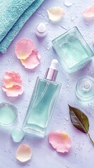 Top view of spa products including a bottle of serum, soap, rose petals, and a towel, with water drops, on a textured surface.