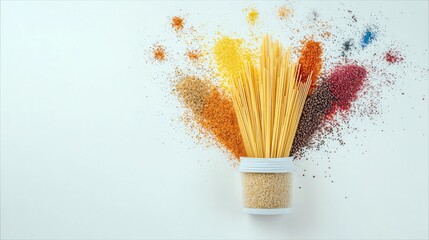 Overhead shot of spaghetti, various colorful spices, and a jar on a white background. The composition is artistic and vibrant, with a focus on food and ingredie