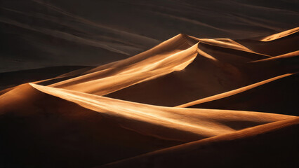 Majestic desert dunes bathed in warm, ethereal light, revealing intricate textures and dramatic contrasts across the vast, silent landscape.