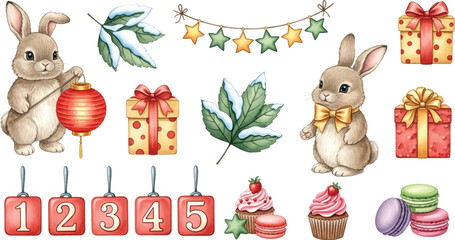 Cute Baby Bunny New Year Watercolor Elements, Festive Holiday Rabbit Clipart Collection for Seasonal Design