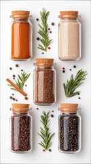 Overhead shot of glass spice jars with cork lids, arranged with rosemary sprigs and peppercorns on a white surface. The composition creates a visually appealing