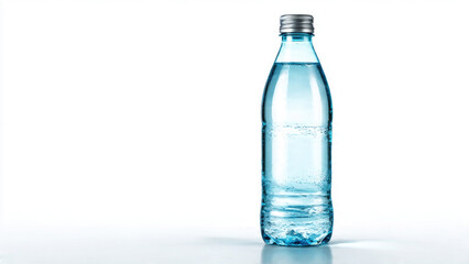 A clear glass bottle, filled with refreshing sparkling water and visible bubbles, stands upright against a clean white background, highlighting its crisp purity.