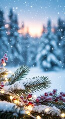 Enchanting winter landscape with snow-covered branches and blurred forest