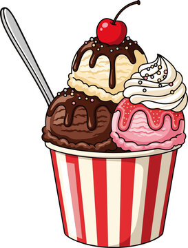 Create a kinds of deferent Three-flavor ice cream sundae in striped paper cup Vector art with a white background..