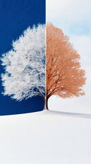 A tree split down the middle, showing the contrast between winter and autumn, with snow and blue sky.