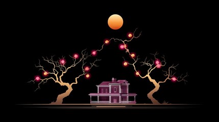Illustration of a house with trees and glowing orbs under a full moon at night. The scene is dark and mysterious.