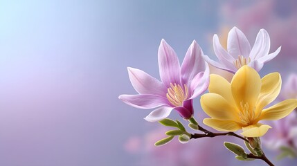 Fototapeta premium Beautiful blooming flowers in pastel colors on a soft gradient background showcasing nature's elegance and delicate floral features for serene compositions
