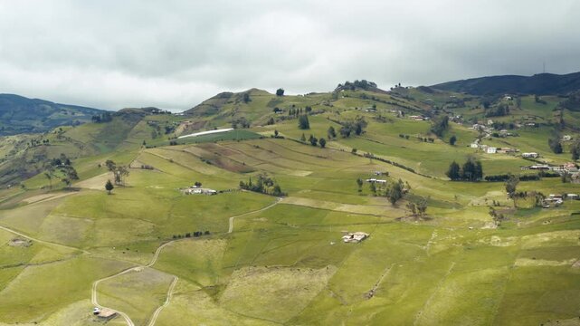 Farms and fields in the Andes in Ecuador, drone aerial view