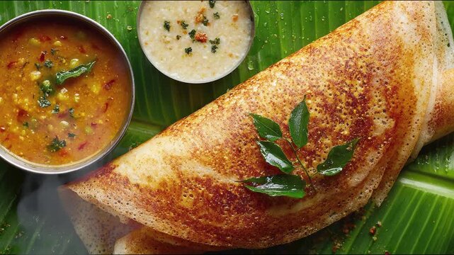 dosa served with sambar on banana leaf, 4k video 