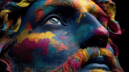 Creative Artistic Portrait of Man with Colorful Paint on Face. Abstract Expressive Makeup and Blue Skin Looking Up