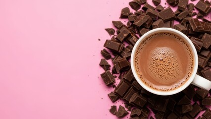 Chocolate Delights: A steaming mug of rich, creamy hot chocolate sits amidst a tempting array of chocolate chunks on a vibrant pink surface. A sweet visual treat.