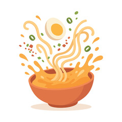 Bowl of ramen with noodles, egg, and toppings splashing out. Delicious Japanese cuisine. Fun flat design Asian food illustration isolated on white background.