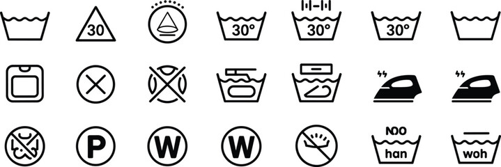 Comprehensive Laundry Care and Washing Instruction Symbols Vector Set, Including Temperature, Bleaching, Ironing, and Dry Cleaning Codes for Textile Labeling and User Guides.