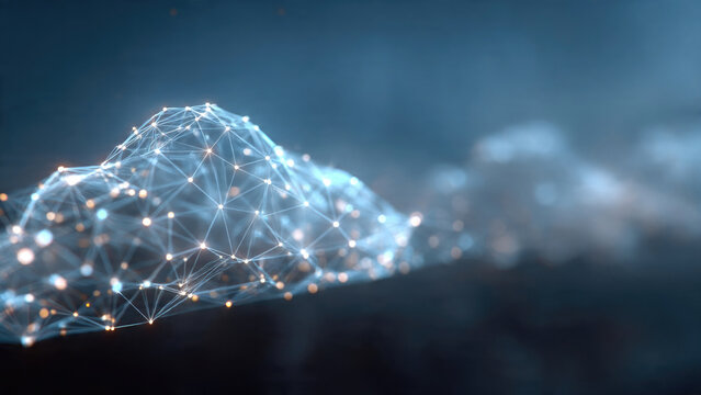 A luminous abstract digital network of glowing nodes, interconnected lines form a dynamic wave-like structure, symbolizing data, technology, future connections.