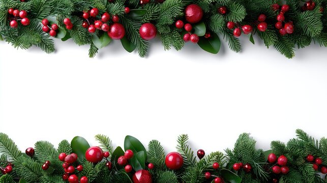 Festive Greenery with Red Ornaments and Berries for Holiday Celebrations, Perfect for Christmas Decorations, Invitations, and Seasonal Crafts