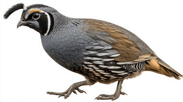 california quail walking on white background with detailed feathers and head plume