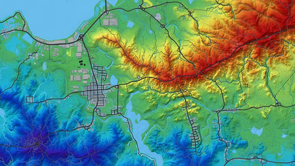 Topographic relief map showcasing the geography of a coastal region with urban development, transportation networks, and dramatic elevation changes