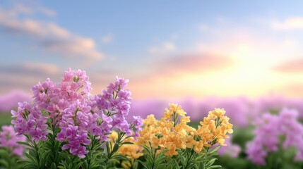 Fototapeta premium Vibrant Blossoms in a Serene Landscape at Sunrise with Pink and Yellow Flowers Against a Soft Colorful Sky