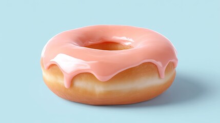 Delicious Pink Glazed Donut on Light Blue Background, Freshly Baked Sweet Treat with Creamy Frosting, Ideal for Dessert Lovers and Food Photography