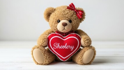 Adorable brown teddy bear with a red bow holding a heart with the name Sheolery.
