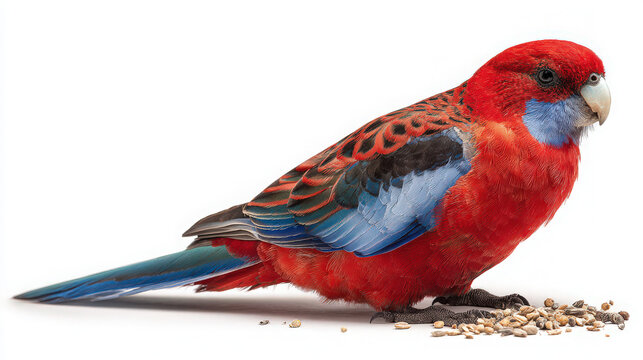 crimson rosella parrot eating seeds on white background