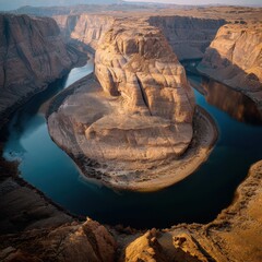 Panoramic View of Horseshoe Bend in Arizona USA at Golden Hour with Blue Water and Brown Rock Formation