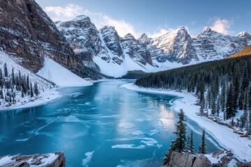 Panoramic View of Snowy Mountains Beside Partially Frozen Lake Surrounded by Forest Under Sunlight