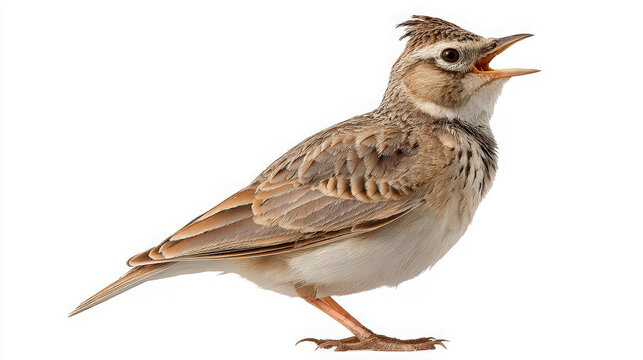singing eurasian skylark with raised crest on white background