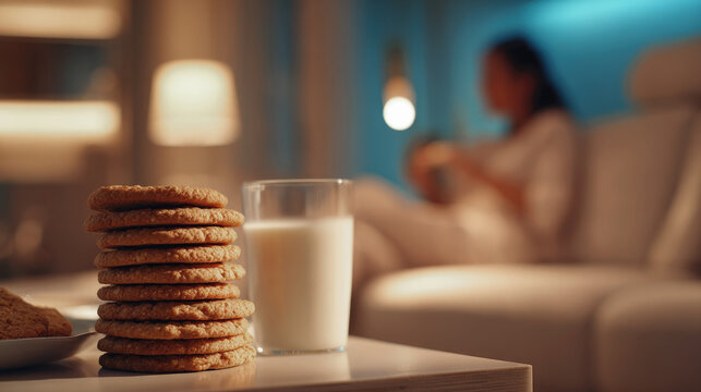 Stack of oatmeal cookies and glass of milk on table in cozy living room with soft lighting, blurred woman in background creates warm, relaxing evening atmosphere. Night self care routine.