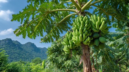 Papaya Tree Laden With Green Fruit Against Mountain And Blue Sky In Daytime