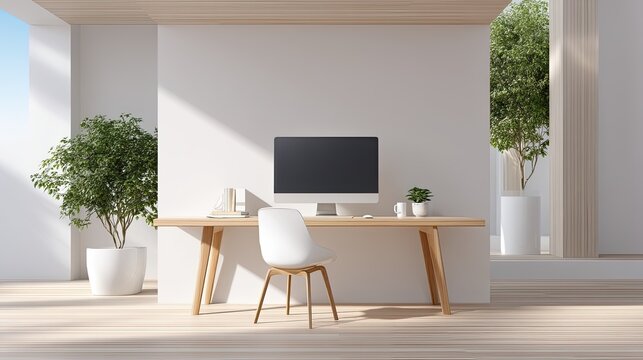 Modern minimalist home office featuring stylish furniture, natural lighting, and greenery for a serene and productive work environment design