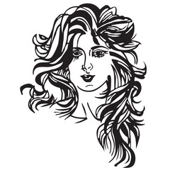 Elegant Silhouette: A stunning illustration of a woman's graceful face, portrayed in elegant lines. Her flowing hair cascades around her face, evoking a sense of artistic beauty and refinement.