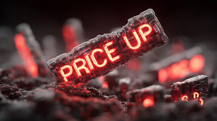 Glowing red Price Up digital sign on futuristic dark background