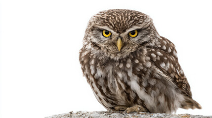 Fototapeta premium little owl with yellow eyes isolated on white background