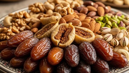 A vibrant assortment of dried dates, figs, almonds, walnuts, and pistachios on a patterned plate.