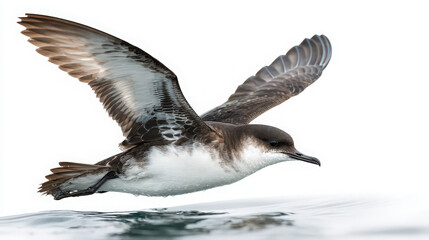 manx shearwater flying over water isolated on white background