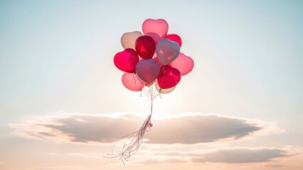 A romantic bunch of red and pink heart-shaped balloons floating in the sky above the clouds at sunset.