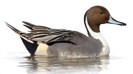 northern pintail duck swimming isolated on white background