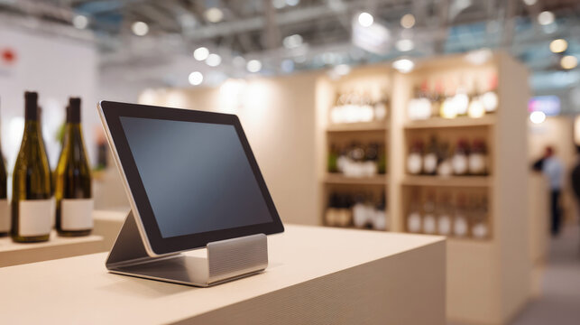 Modern touchscreen point of sale system on counter in wine store, surrounded by bottles and shelves, showcasing retail technology and contemporary business environment. - Powered by Adobe