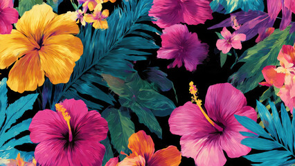 Vibrant tropical pattern featuring an array of colorful hibiscus flowers and lush palm leaves on a dark background, evoking an exotic paradise.