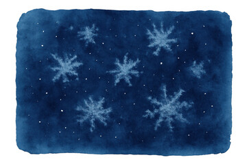 Winter snowflakes watercolor art creating a whimsical pattern on dark blue background with decorative irregular border