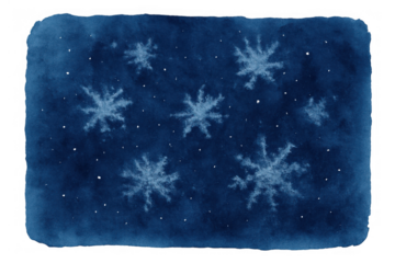 Winter snowflakes watercolor art creating a whimsical pattern on dark blue background with decorative irregular border