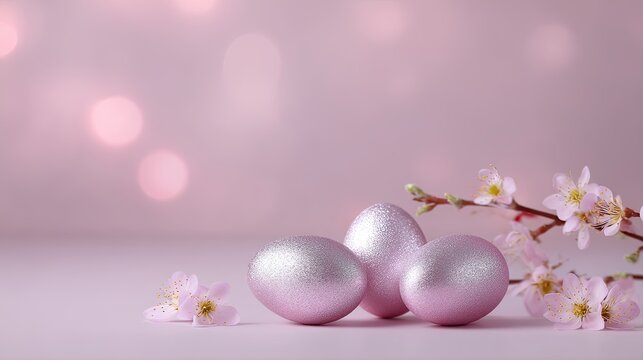 Decorative pink eggs with a shimmering finish arranged with cherry blossom flowers in a soft pastel setting for spring celebrations and festive occasions