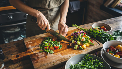 Close up of person cutting fresh green vegetables on a wooden chopping board in a rustic kitchen.