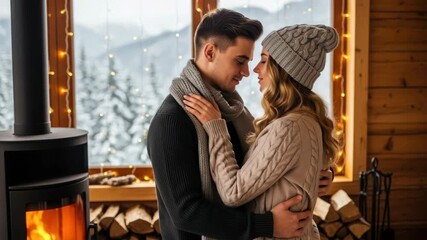 Winter Embrace: A tender couple embraces warmly in a cozy cabin, snowflakes falling gently outside. The scene evokes a feeling of togetherness, comfort and the romance of winter.