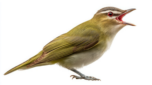 red-eyed vireo singing on white background