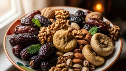 Close-up of a festive platter with dates, figs, walnuts, almonds, and pistachios.